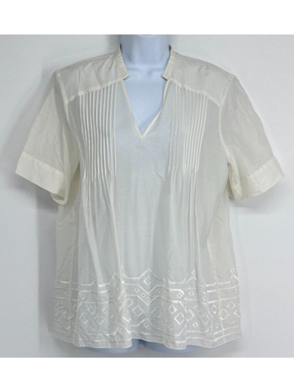 Strenesse 4 Ivory Short-Sleeve Embroidered Blouse Pintuck Detailing